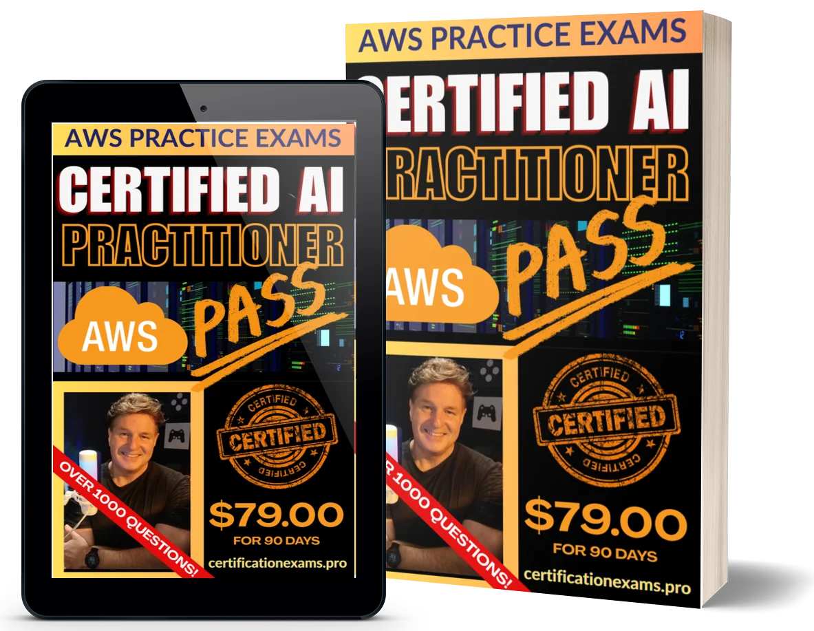 AWS practice exams cover shown on tablet and book